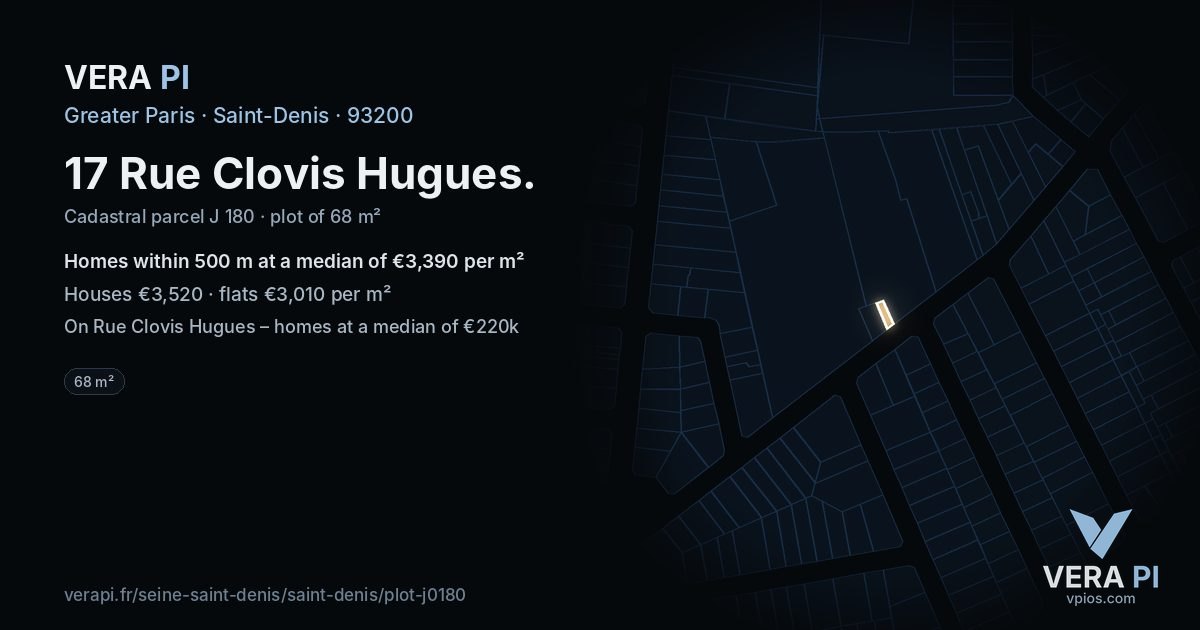 17 Rue Clovis Hugues, Saint-Denis at night – the plot lit, the parcels around coloured by the prices near them