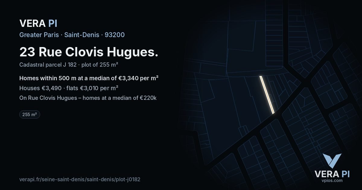 23 Rue Clovis Hugues, Saint-Denis at night – the plot lit, the parcels around coloured by the prices near them