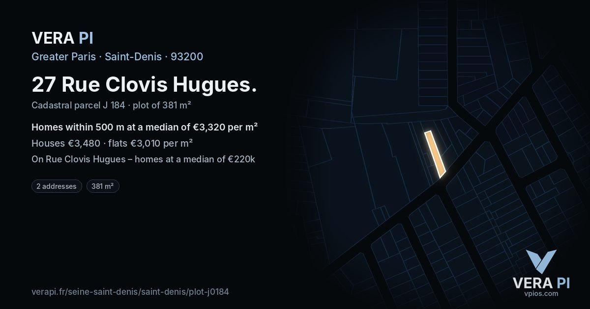 27 Rue Clovis Hugues, Saint-Denis at night – the plot lit, the parcels around coloured by the prices near them