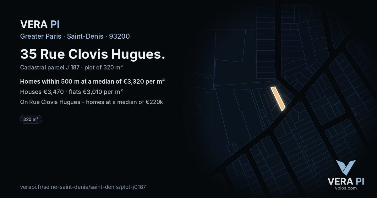 35 Rue Clovis Hugues, Saint-Denis at night – the plot lit, the parcels around coloured by the prices near them