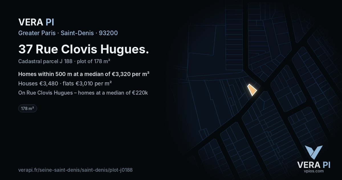 37 Rue Clovis Hugues, Saint-Denis at night – the plot lit, the parcels around coloured by the prices near them