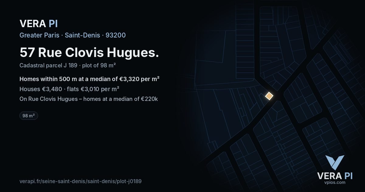 57 Rue Clovis Hugues, Saint-Denis at night – the plot lit, the parcels around coloured by the prices near them
