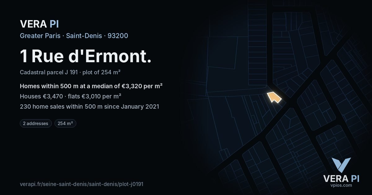 1 Rue d'Ermont, Saint-Denis at night – the plot lit, the parcels around coloured by the prices near them