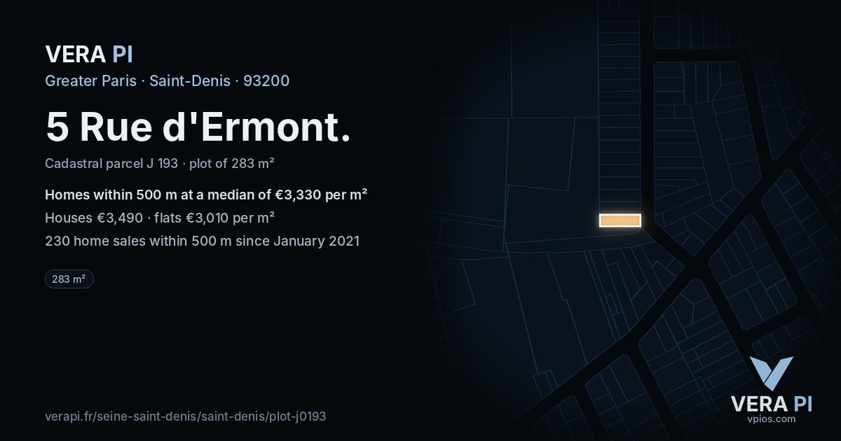 5 Rue d'Ermont, Saint-Denis at night – the plot lit, the parcels around coloured by the prices near them