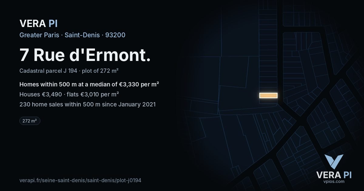 7 Rue d'Ermont, Saint-Denis at night – the plot lit, the parcels around coloured by the prices near them