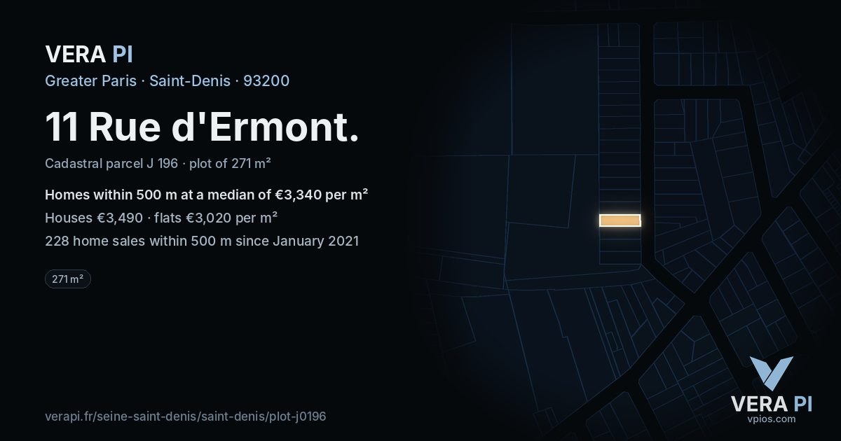 11 Rue d'Ermont, Saint-Denis at night – the plot lit, the parcels around coloured by the prices near them