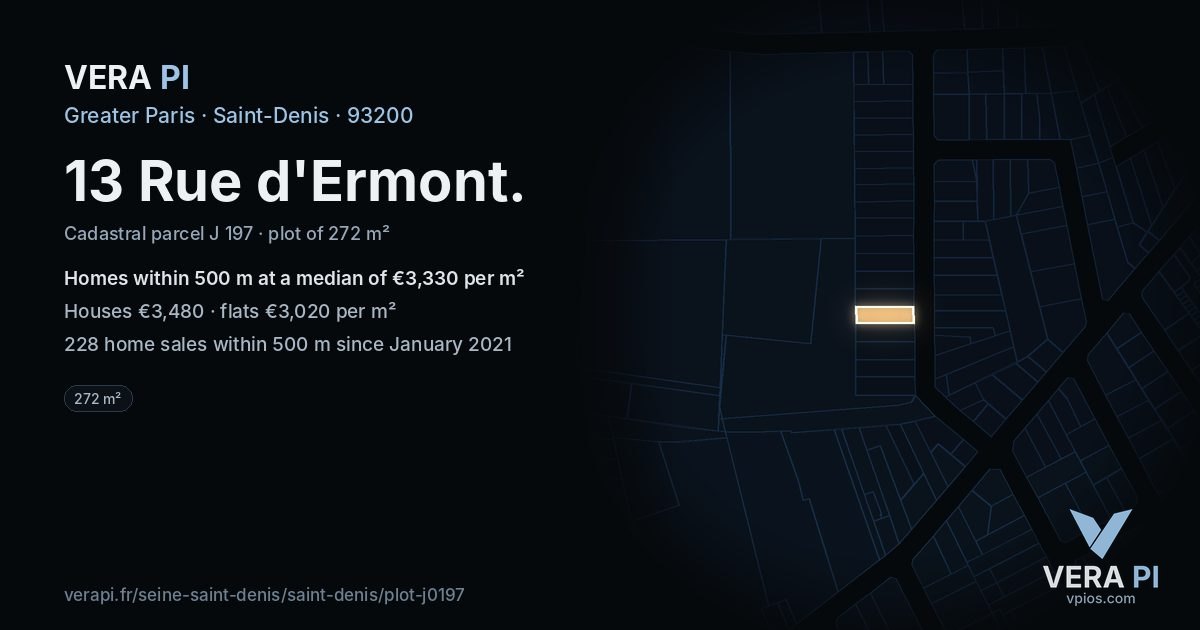 13 Rue d'Ermont, Saint-Denis at night – the plot lit, the parcels around coloured by the prices near them