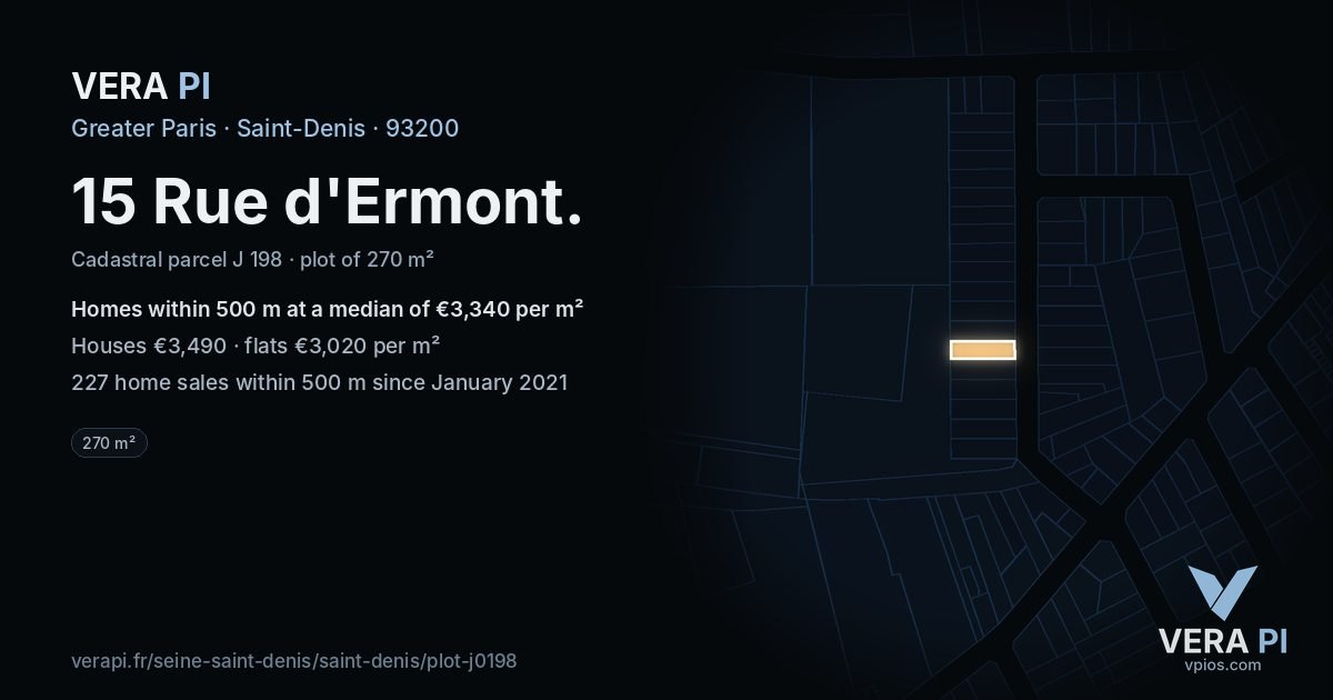 15 Rue d'Ermont, Saint-Denis at night – the plot lit, the parcels around coloured by the prices near them