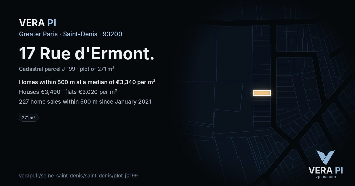 17 Rue d'Ermont, Saint-Denis at night – the plot lit, the parcels around coloured by the prices near them