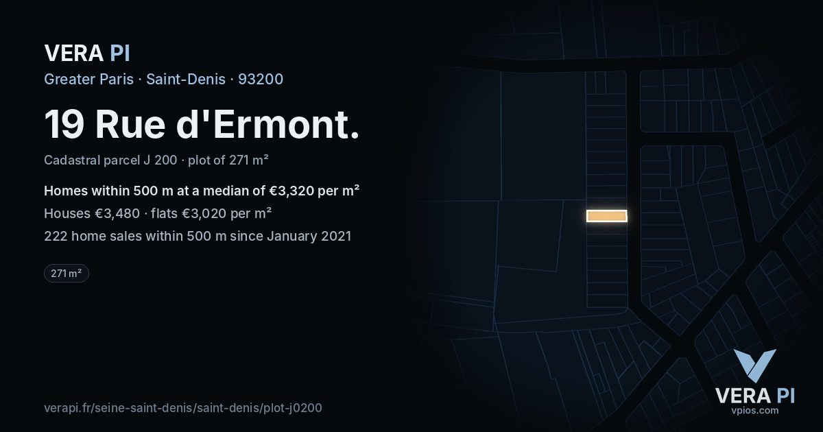 19 Rue d'Ermont, Saint-Denis at night – the plot lit, the parcels around coloured by the prices near them