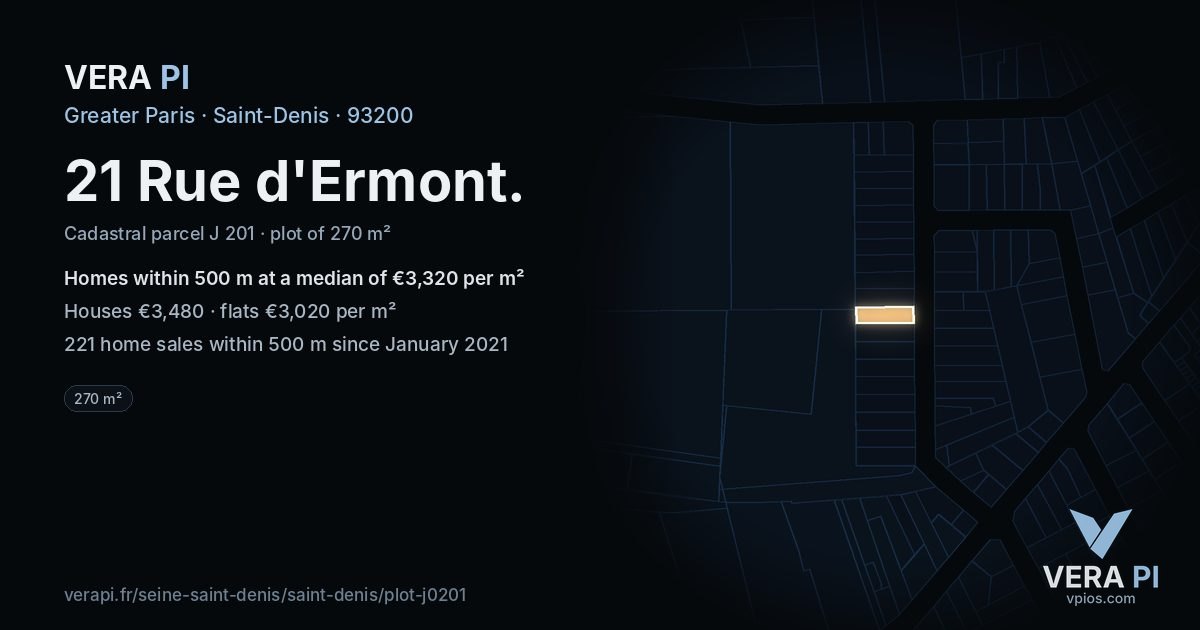 21 Rue d'Ermont, Saint-Denis at night – the plot lit, the parcels around coloured by the prices near them