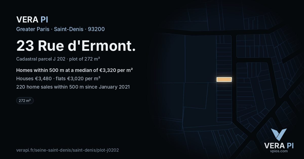 23 Rue d'Ermont, Saint-Denis at night – the plot lit, the parcels around coloured by the prices near them