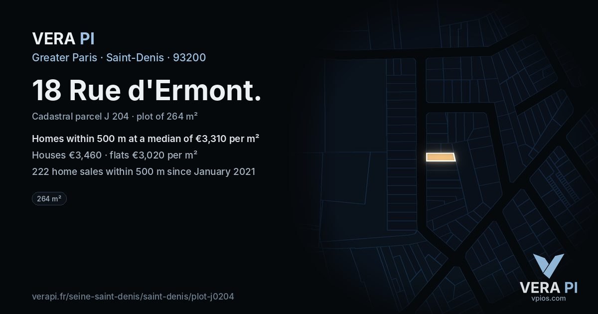 18 Rue d'Ermont, Saint-Denis at night – the plot lit, the parcels around coloured by the prices near them