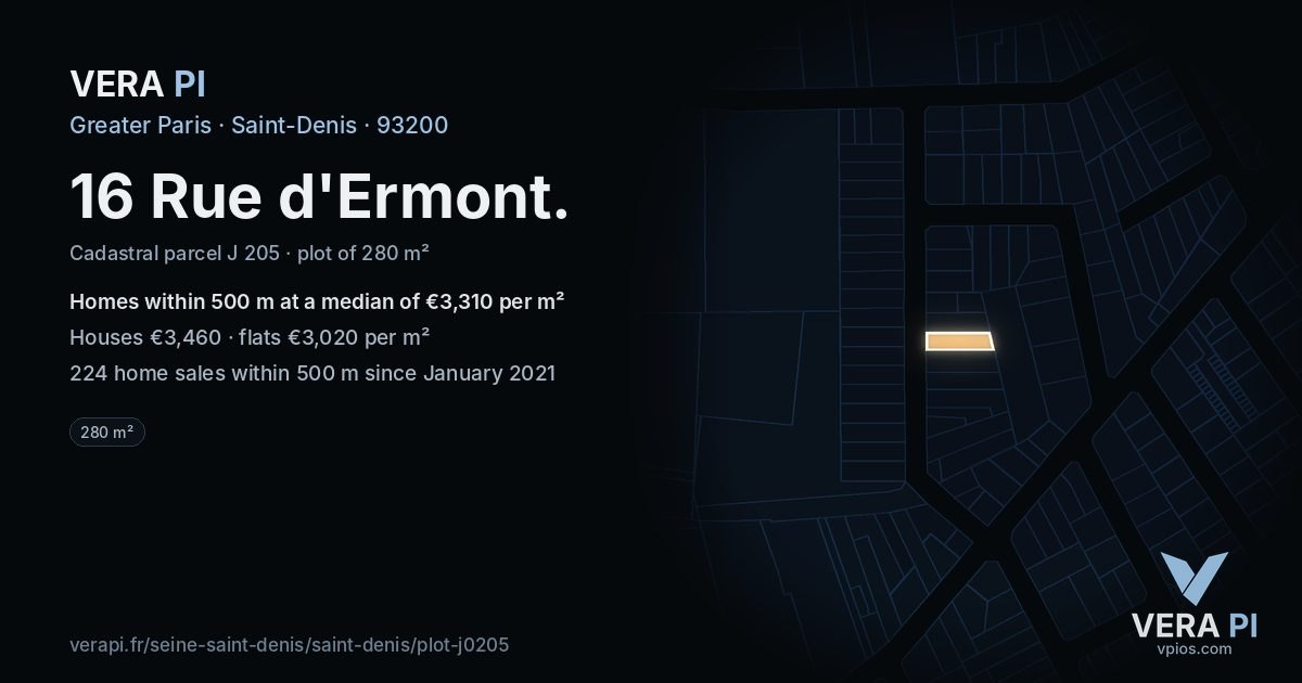 16 Rue d'Ermont, Saint-Denis at night – the plot lit, the parcels around coloured by the prices near them