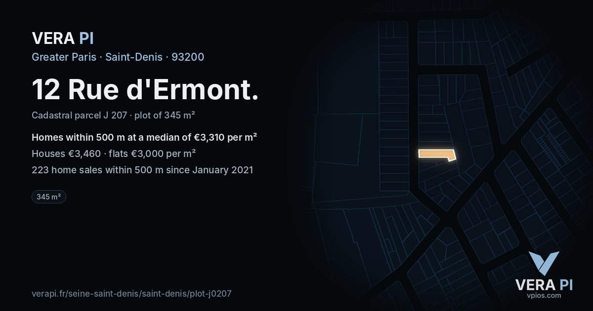 12 Rue d'Ermont, Saint-Denis at night – the plot lit, the parcels around coloured by the prices near them