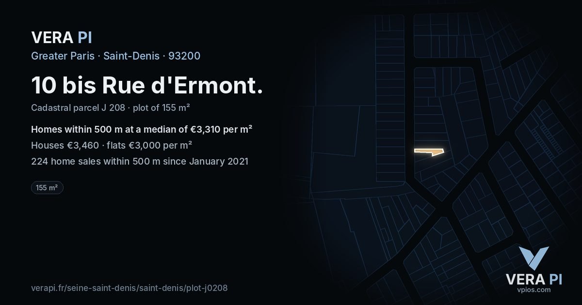 10 bis Rue d'Ermont, Saint-Denis at night – the plot lit, the parcels around coloured by the prices near them