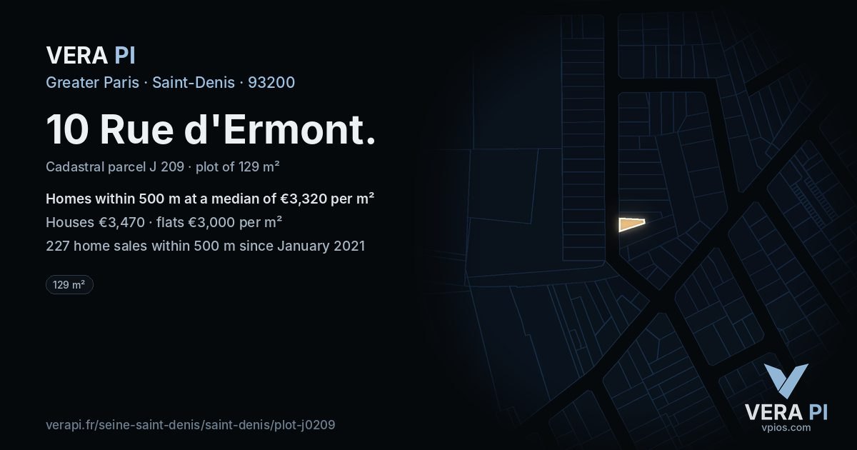 10 Rue d'Ermont, Saint-Denis at night – the plot lit, the parcels around coloured by the prices near them