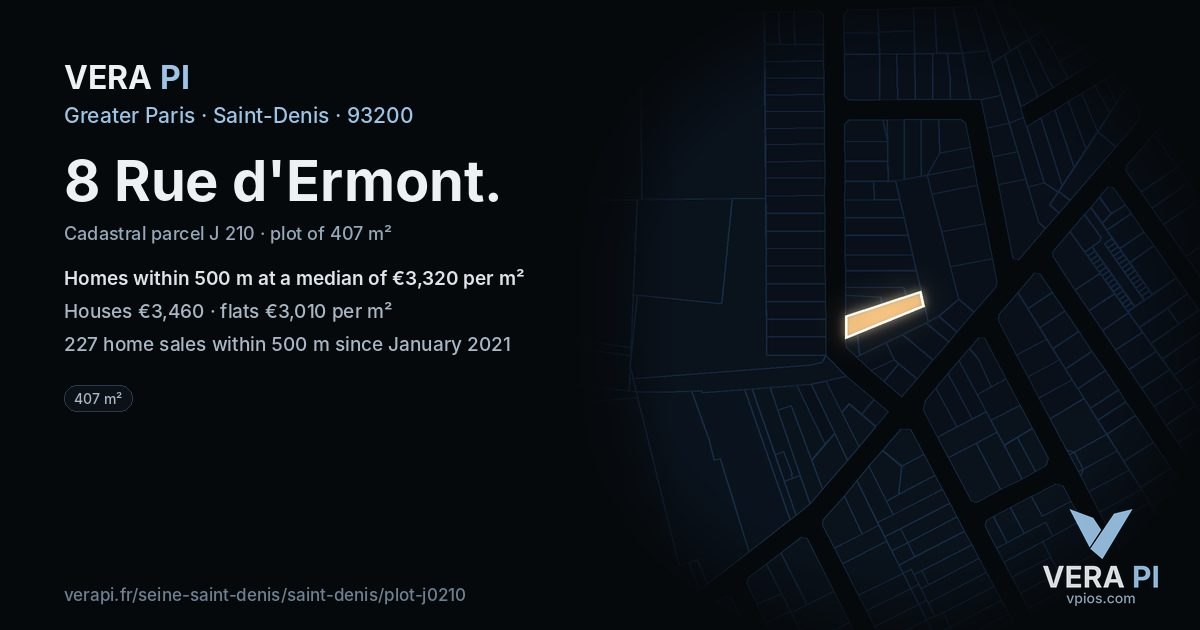 8 Rue d'Ermont, Saint-Denis at night – the plot lit, the parcels around coloured by the prices near them