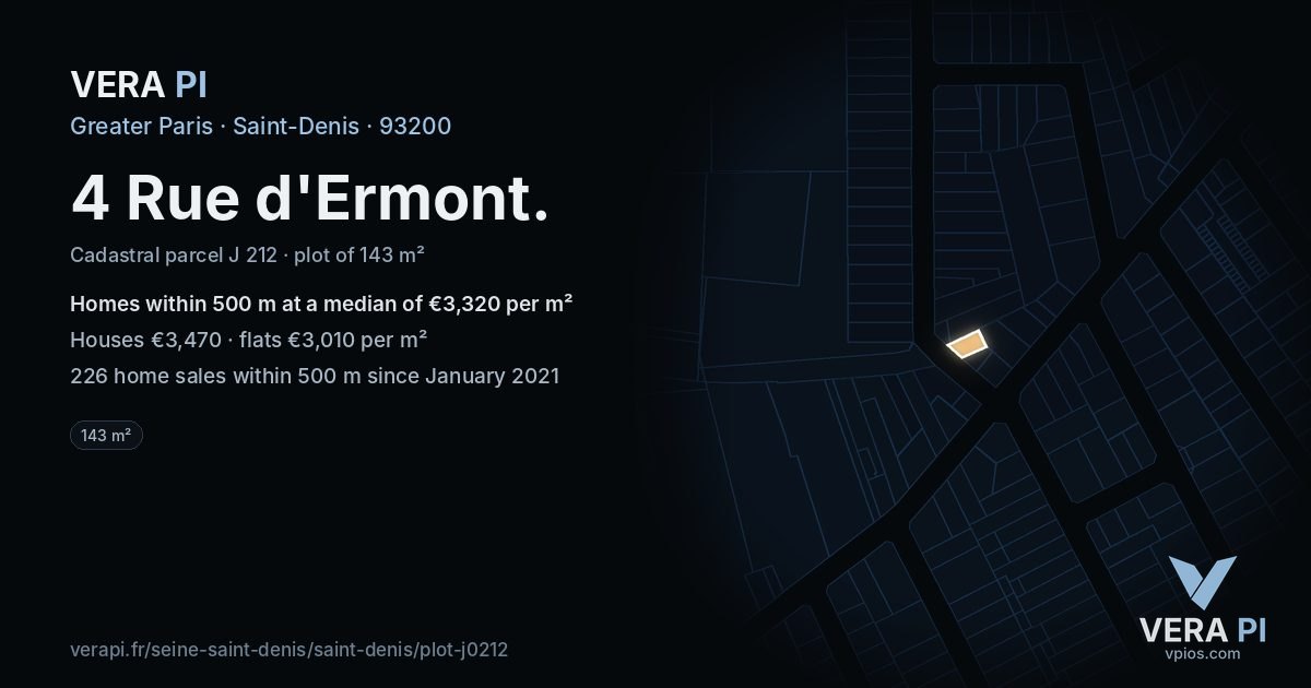 4 Rue d'Ermont, Saint-Denis at night – the plot lit, the parcels around coloured by the prices near them