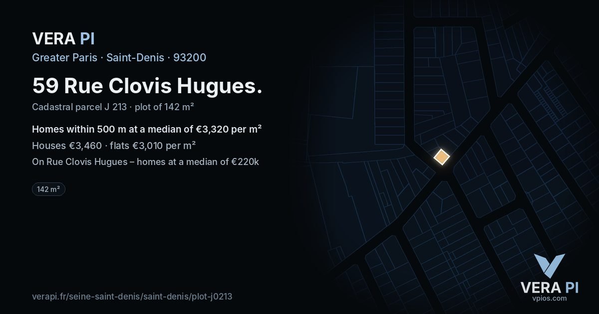 59 Rue Clovis Hugues, Saint-Denis at night – the plot lit, the parcels around coloured by the prices near them