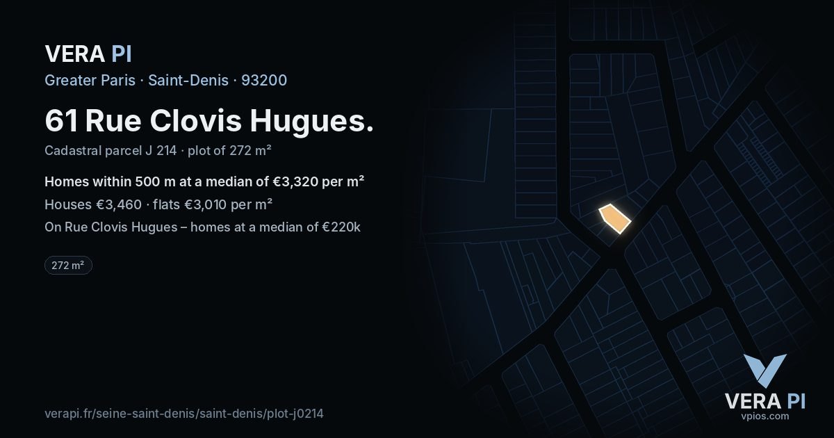 61 Rue Clovis Hugues, Saint-Denis at night – the plot lit, the parcels around coloured by the prices near them