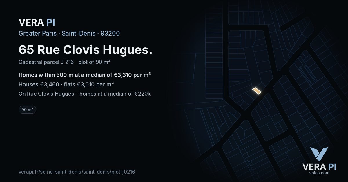65 Rue Clovis Hugues, Saint-Denis at night – the plot lit, the parcels around coloured by the prices near them