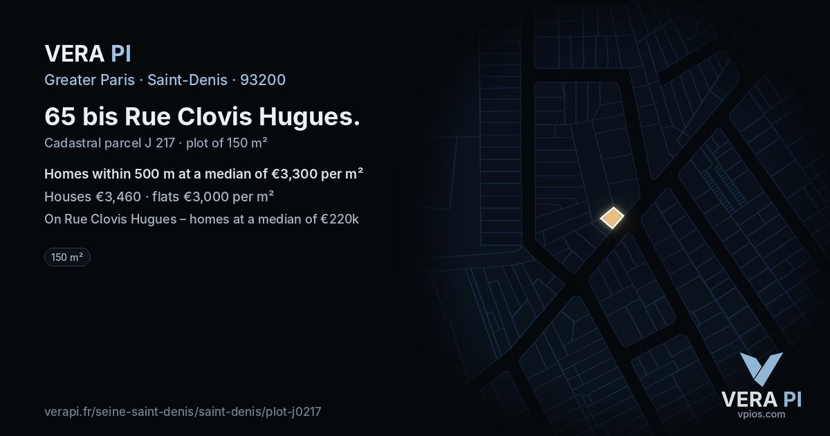 65 bis Rue Clovis Hugues, Saint-Denis at night – the plot lit, the parcels around coloured by the prices near them