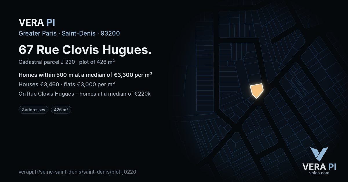 67 Rue Clovis Hugues, Saint-Denis at night – the plot lit, the parcels around coloured by the prices near them