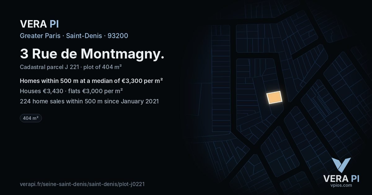 3 Rue de Montmagny, Saint-Denis at night – the plot lit, the parcels around coloured by the prices near them
