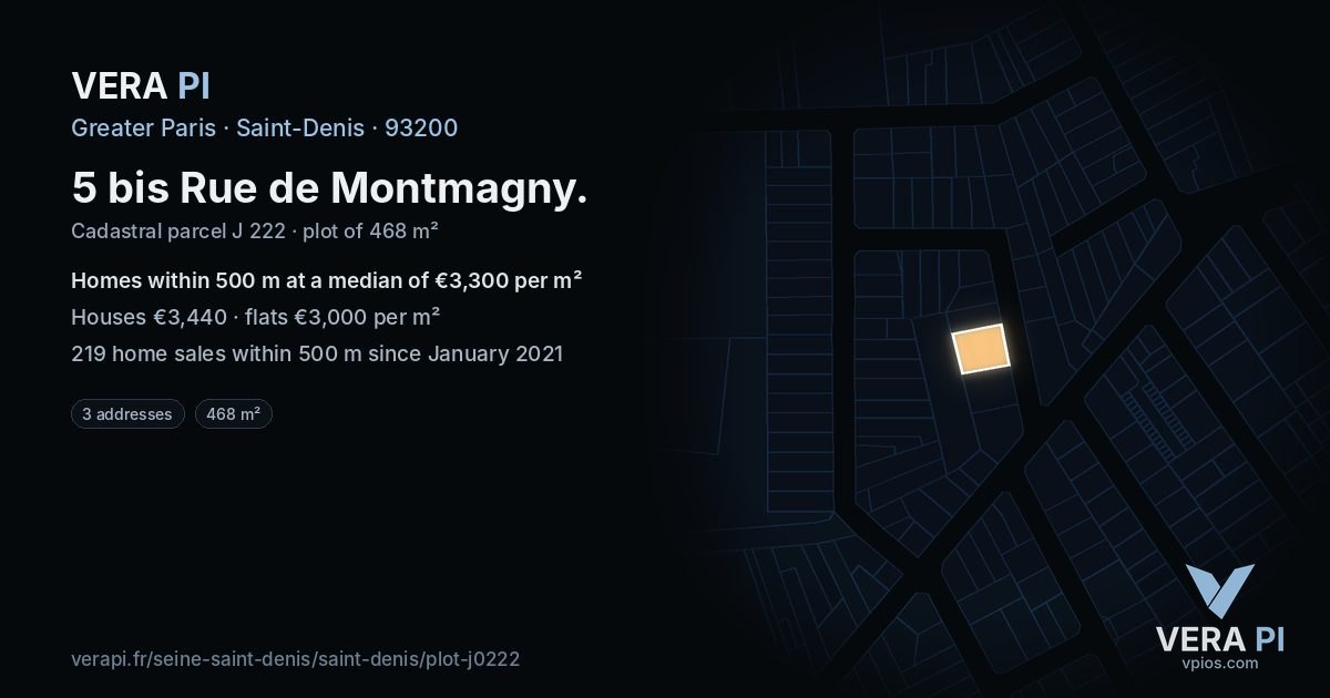 5 bis Rue de Montmagny, Saint-Denis at night – the plot lit, the parcels around coloured by the prices near them