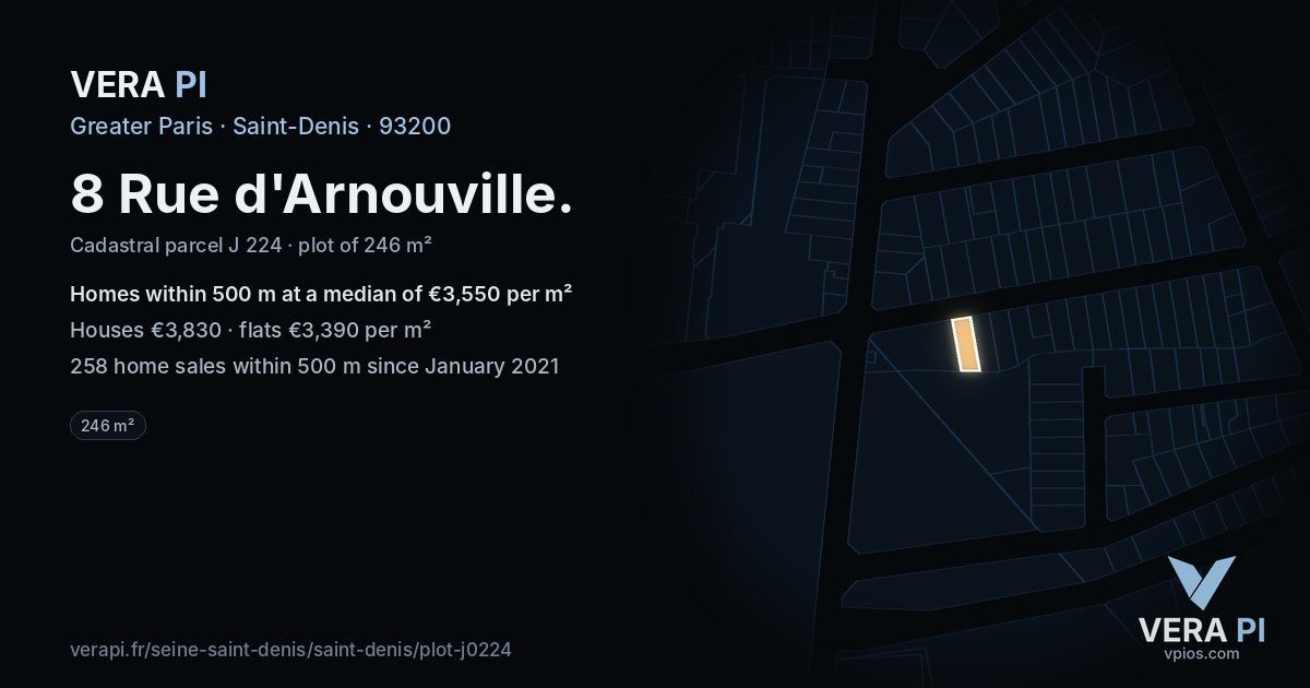 8 Rue d'Arnouville, Saint-Denis at night – the plot lit, the parcels around coloured by the prices near them