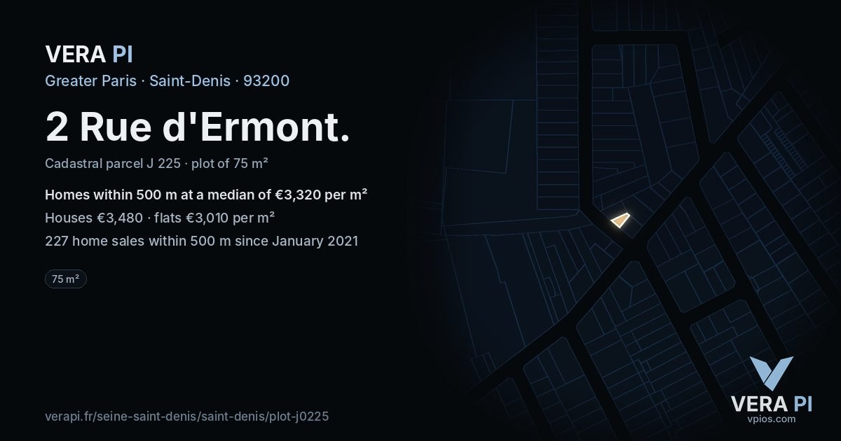 2 Rue d'Ermont, Saint-Denis at night – the plot lit, the parcels around coloured by the prices near them