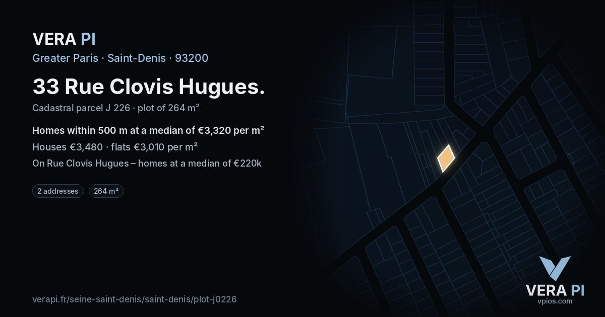 33 Rue Clovis Hugues, Saint-Denis at night – the plot lit, the parcels around coloured by the prices near them