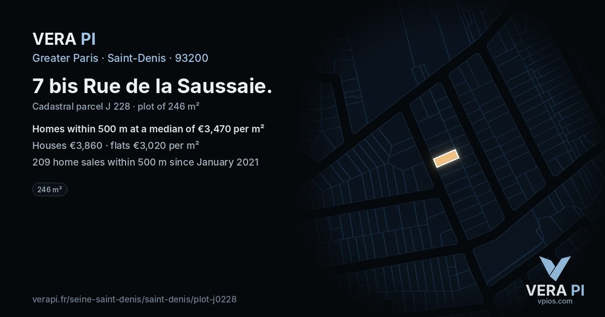 7 bis Rue de la Saussaie, Saint-Denis at night – the plot lit, the parcels around coloured by the prices near them