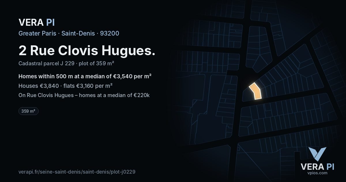 2 Rue Clovis Hugues, Saint-Denis at night – the plot lit, the parcels around coloured by the prices near them