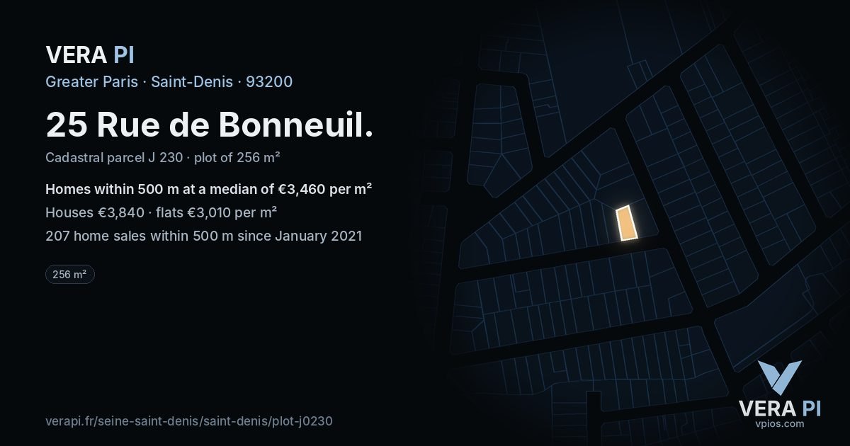 25 Rue de Bonneuil, Saint-Denis at night – the plot lit, the parcels around coloured by the prices near them