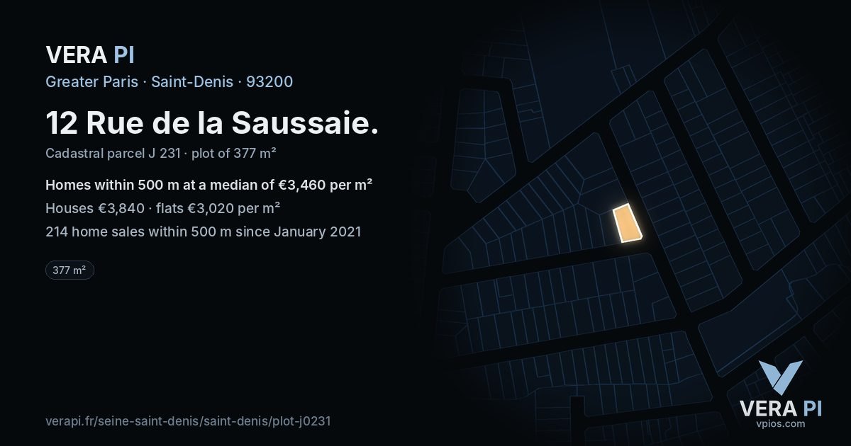 12 Rue de la Saussaie, Saint-Denis at night – the plot lit, the parcels around coloured by the prices near them