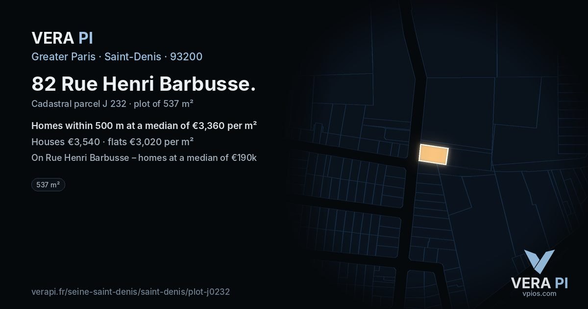 82 Rue Henri Barbusse, Saint-Denis at night – the plot lit, the parcels around coloured by the prices near them