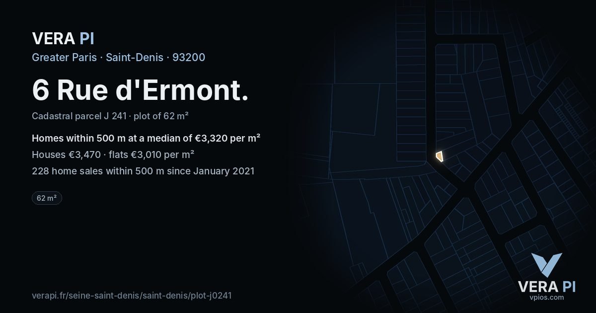 6 Rue d'Ermont, Saint-Denis at night – the plot lit, the parcels around coloured by the prices near them