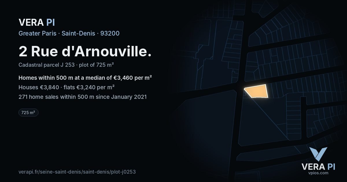 2 Rue d'Arnouville, Saint-Denis at night – the plot lit, the parcels around coloured by the prices near them
