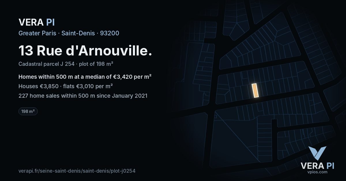 13 Rue d'Arnouville, Saint-Denis at night – the plot lit, the parcels around coloured by the prices near them