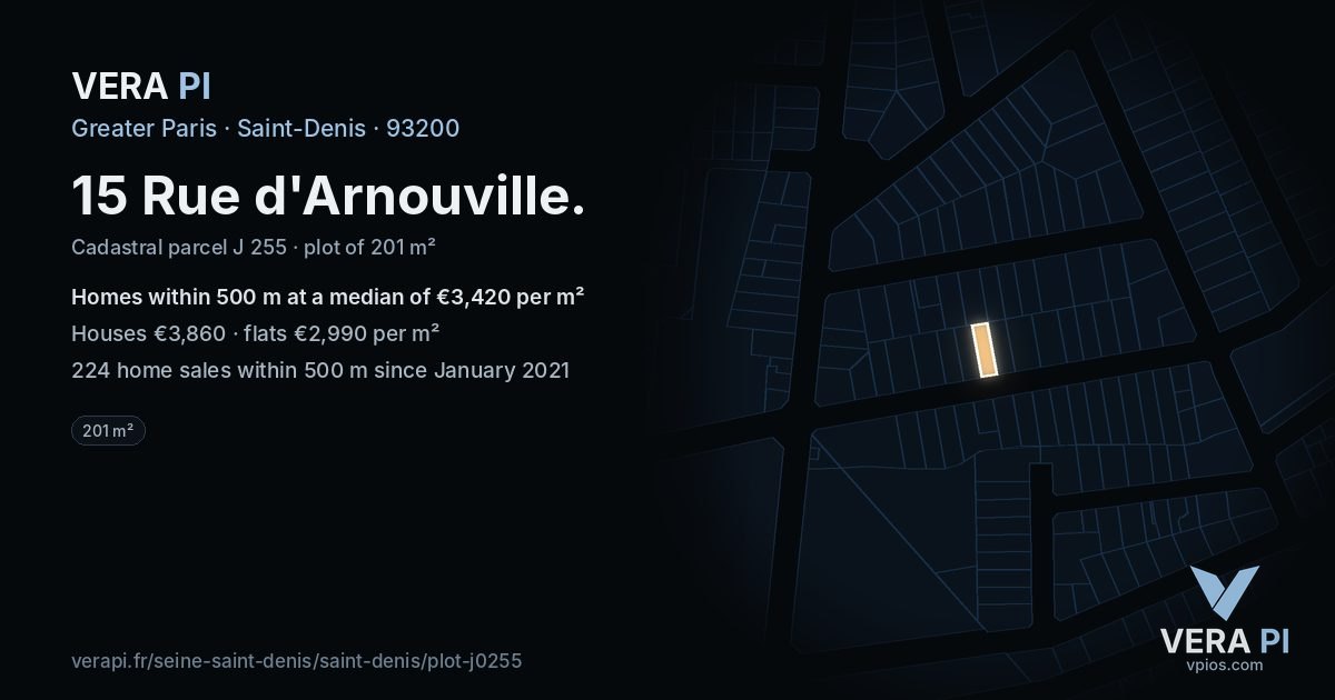 15 Rue d'Arnouville, Saint-Denis at night – the plot lit, the parcels around coloured by the prices near them