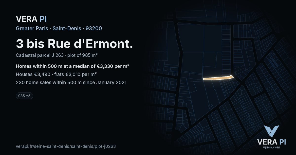 3 bis Rue d'Ermont, Saint-Denis at night – the plot lit, the parcels around coloured by the prices near them