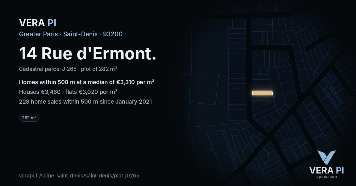 14 Rue d'Ermont, Saint-Denis at night – the plot lit, the parcels around coloured by the prices near them