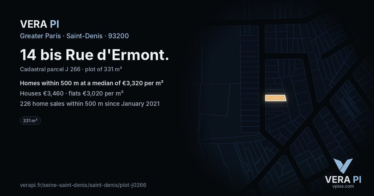 14 bis Rue d'Ermont, Saint-Denis at night – the plot lit, the parcels around coloured by the prices near them