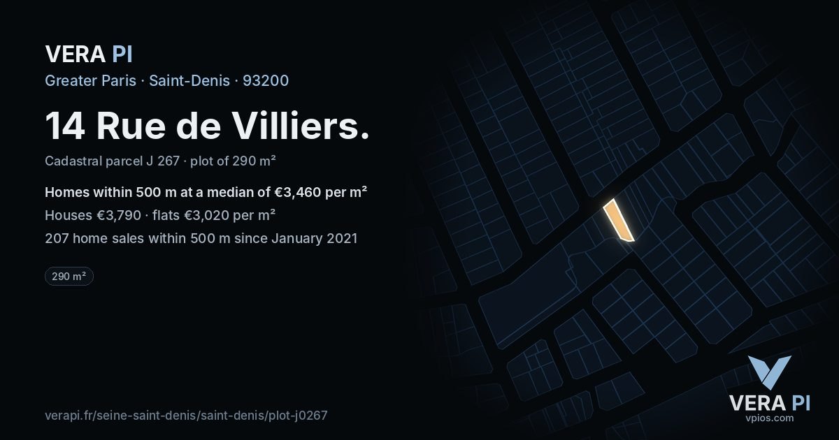 14 Rue de Villiers, Saint-Denis at night – the plot lit, the parcels around coloured by the prices near them