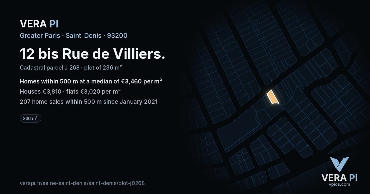 12 bis Rue de Villiers, Saint-Denis at night – the plot lit, the parcels around coloured by the prices near them