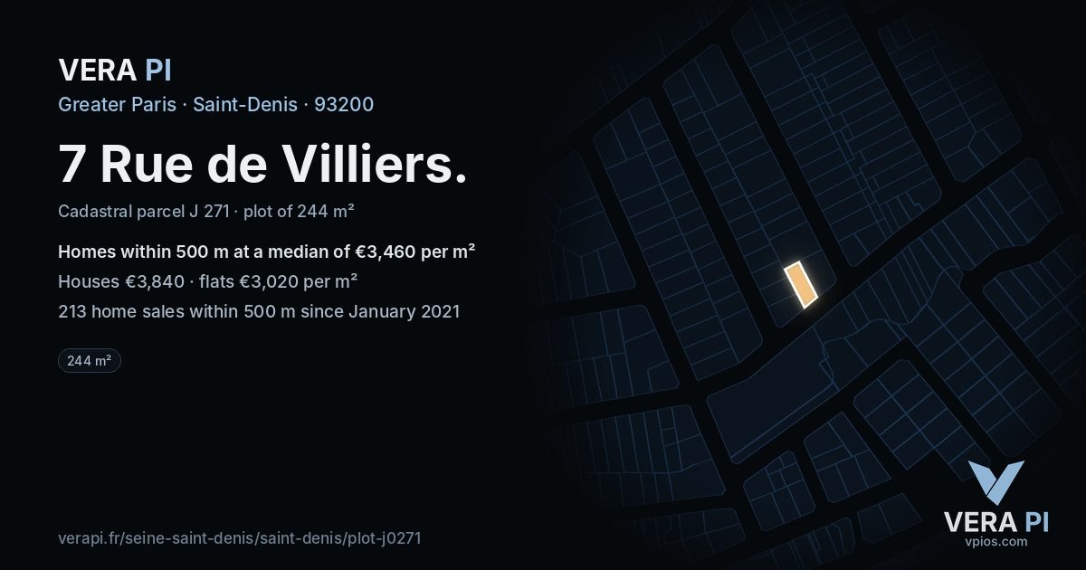 7 Rue de Villiers, Saint-Denis at night – the plot lit, the parcels around coloured by the prices near them