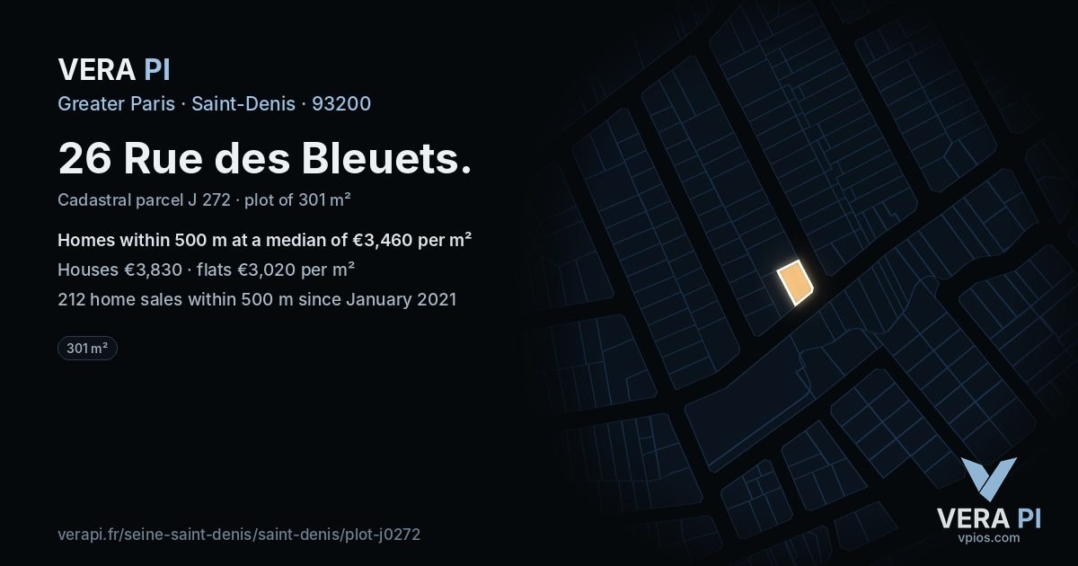 26 Rue des Bleuets, Saint-Denis at night – the plot lit, the parcels around coloured by the prices near them