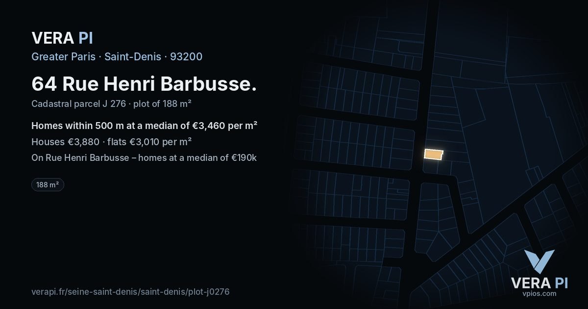 64 Rue Henri Barbusse, Saint-Denis at night – the plot lit, the parcels around coloured by the prices near them